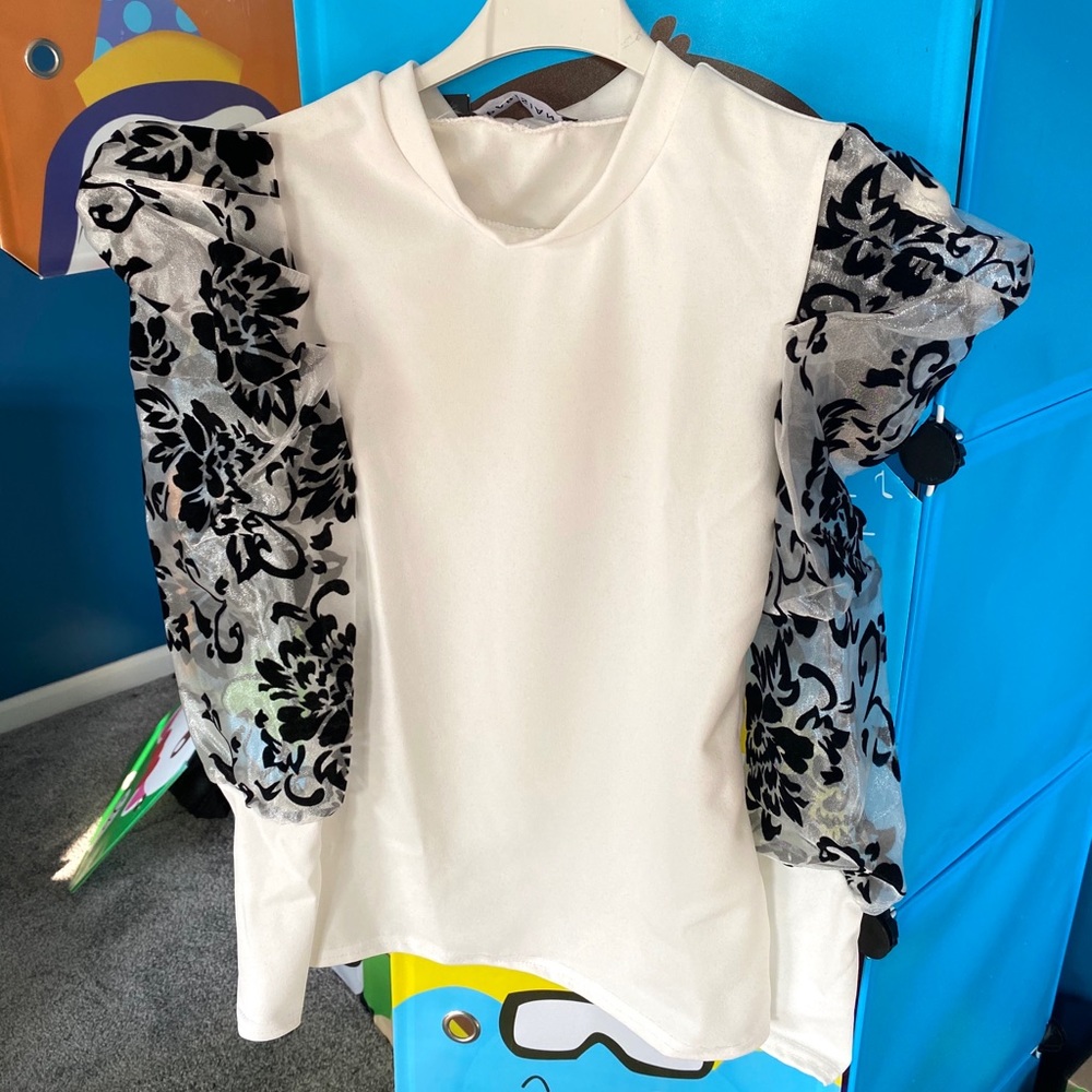 LAST 1! White Long Sheer Puff Sleeve High Neck Top - Picture 6 of 7